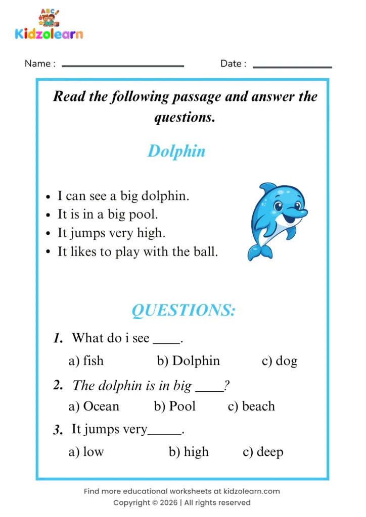 Free dolphin reading comprehension worksheet for kids – printable PDF with a short passage about dolphin and three multiple choice comprehension questions