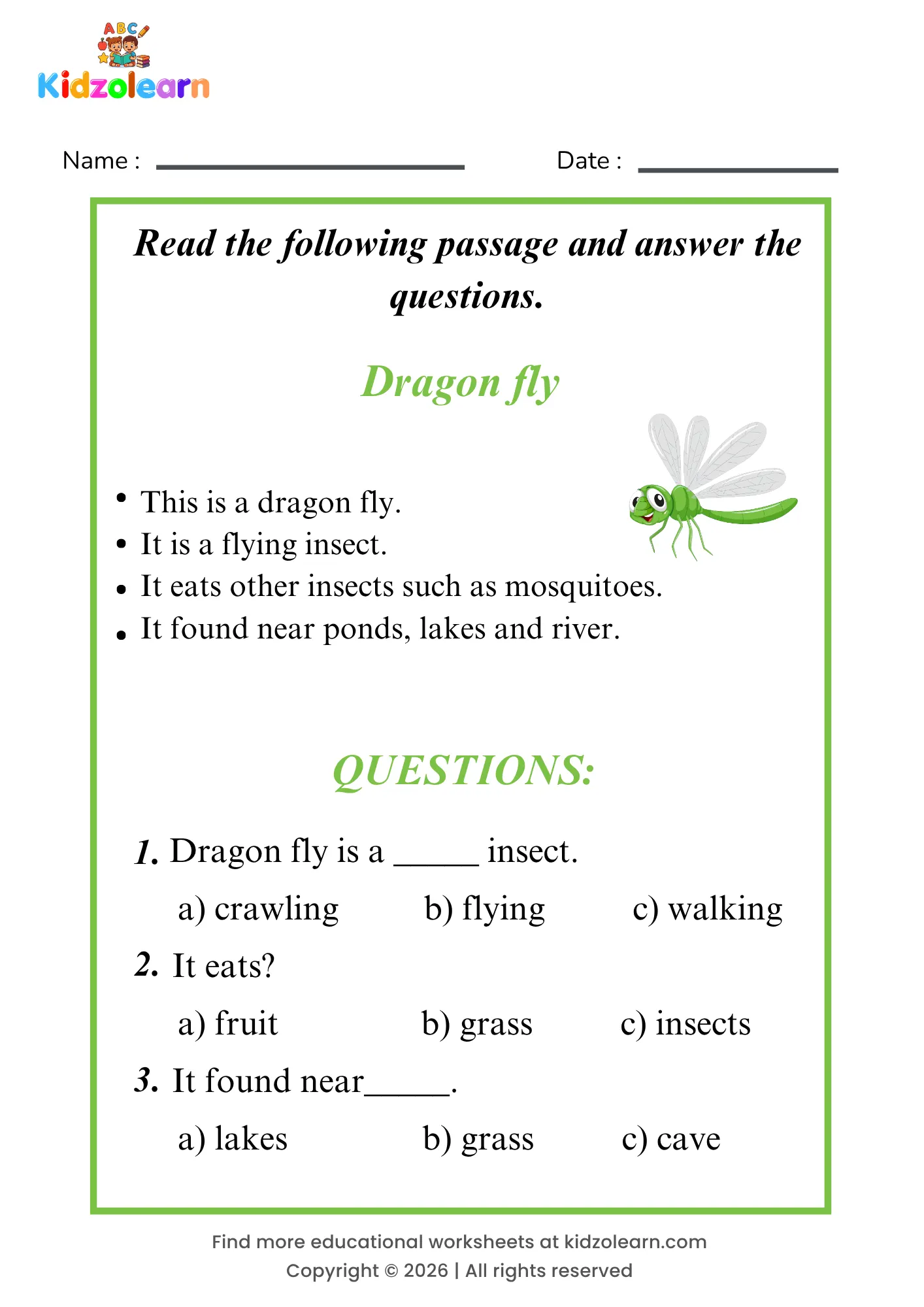 Free dragon fly reading comprehension worksheet for kids – printable PDF with a short passage about dragon fly and three multiple choice comprehension questions