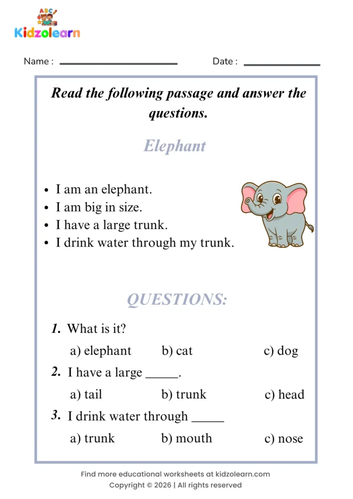 Free elephant reading comprehension worksheet for kids – printable PDF with a short passage about elephant and three multiple choice comprehension questions