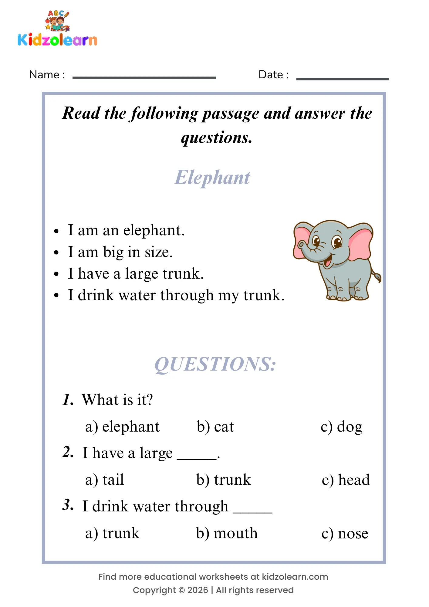 Free elephant reading comprehension worksheet for kids – printable PDF with a short passage about elephant and three multiple choice comprehension questions