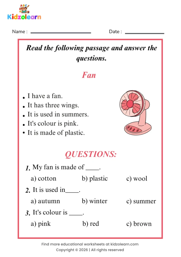 Free fan reading comprehension worksheet for kids – printable PDF with a short passage about fan and three multiple choice comprehension questions