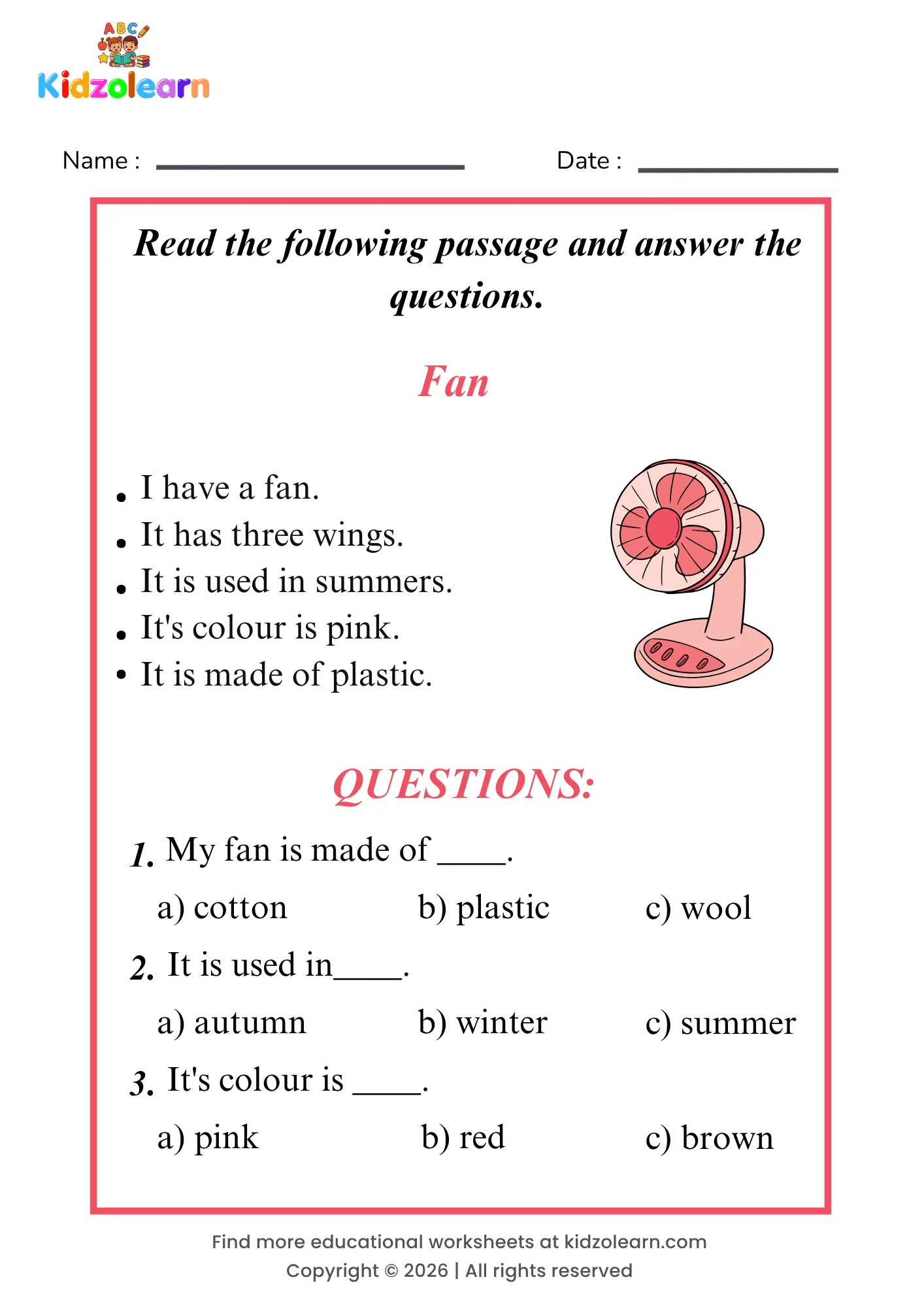 Free fan reading comprehension worksheet for kids – printable PDF with a short passage about fan and three multiple choice comprehension questions
