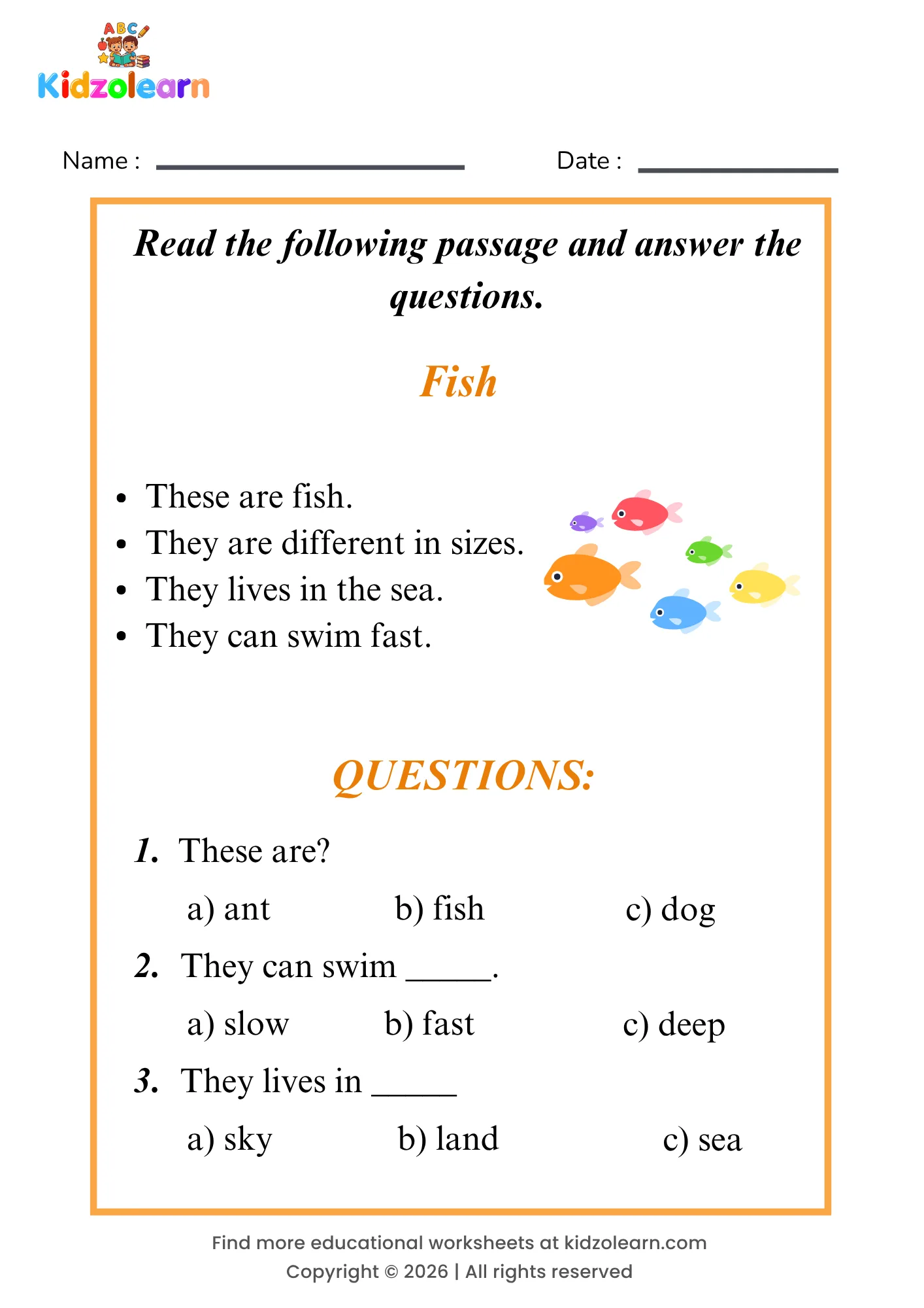 Free fish reading comprehension worksheet for kids – printable PDF with a short passage about fish and three multiple choice comprehension questions