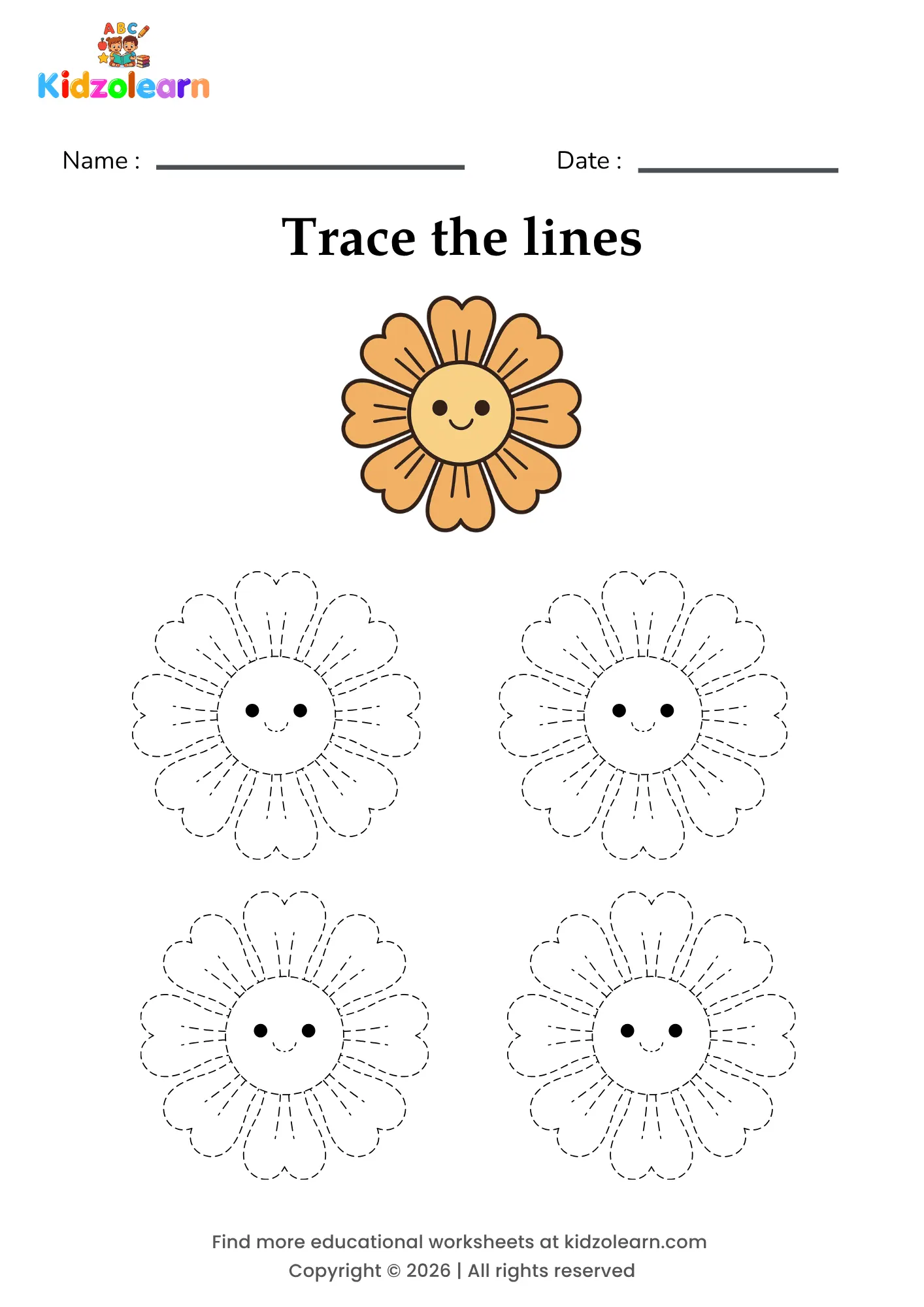 Free flower tracing worksheet for kids – printable PDF with four identical heart-petalled flowers with a smiling face in the centre and numbered dotted tracing lines