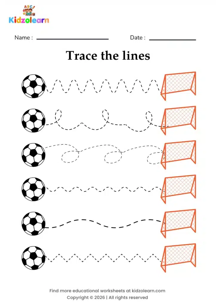 Free football tracing worksheet for kids – printable PDF with six footballs, each following a dotted path to a set of goal posts and flags and numbered dotted tracing lines