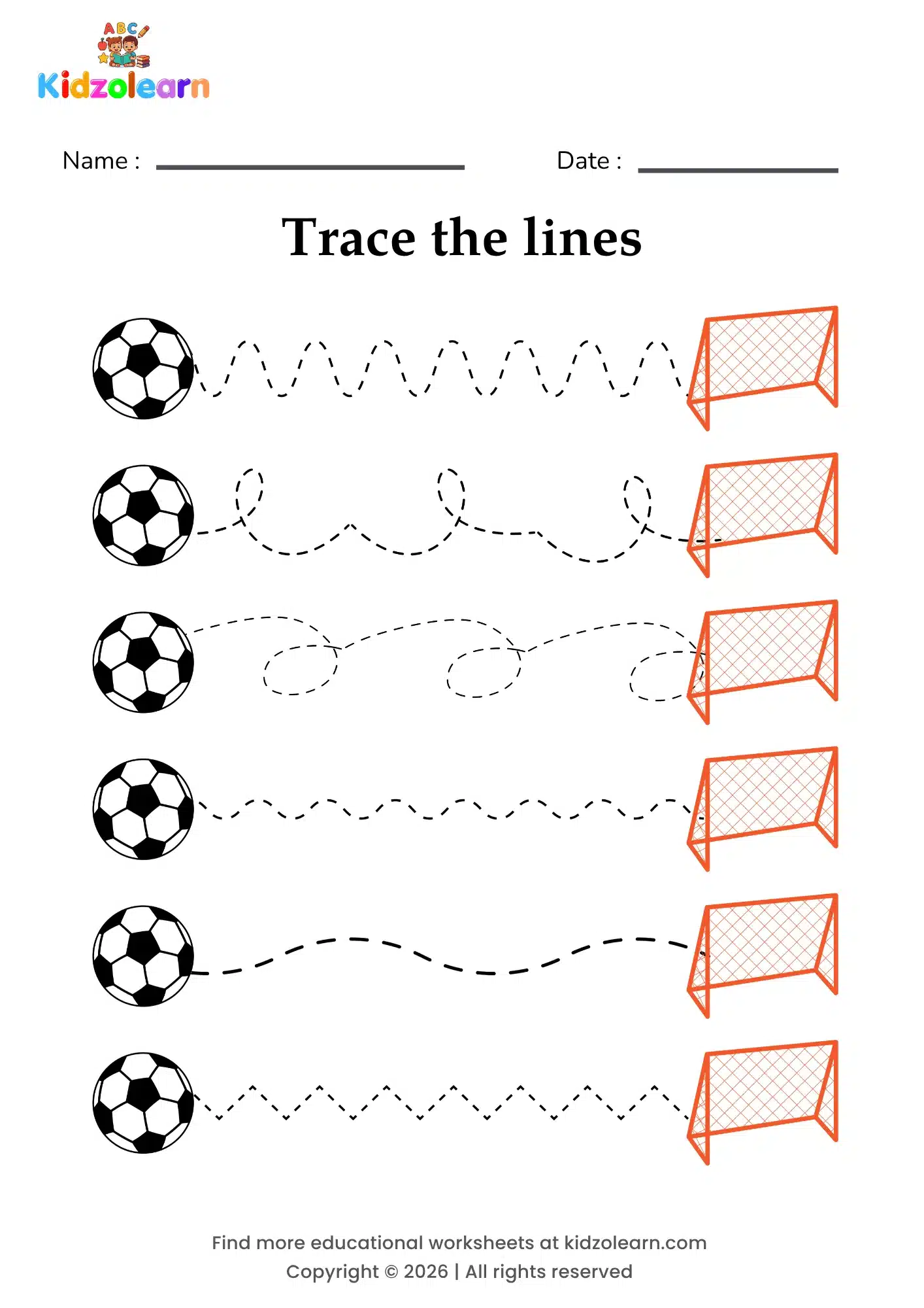Free football tracing worksheet for kids – printable PDF with six footballs, each following a dotted path to a set of goal posts and flags and numbered dotted tracing lines