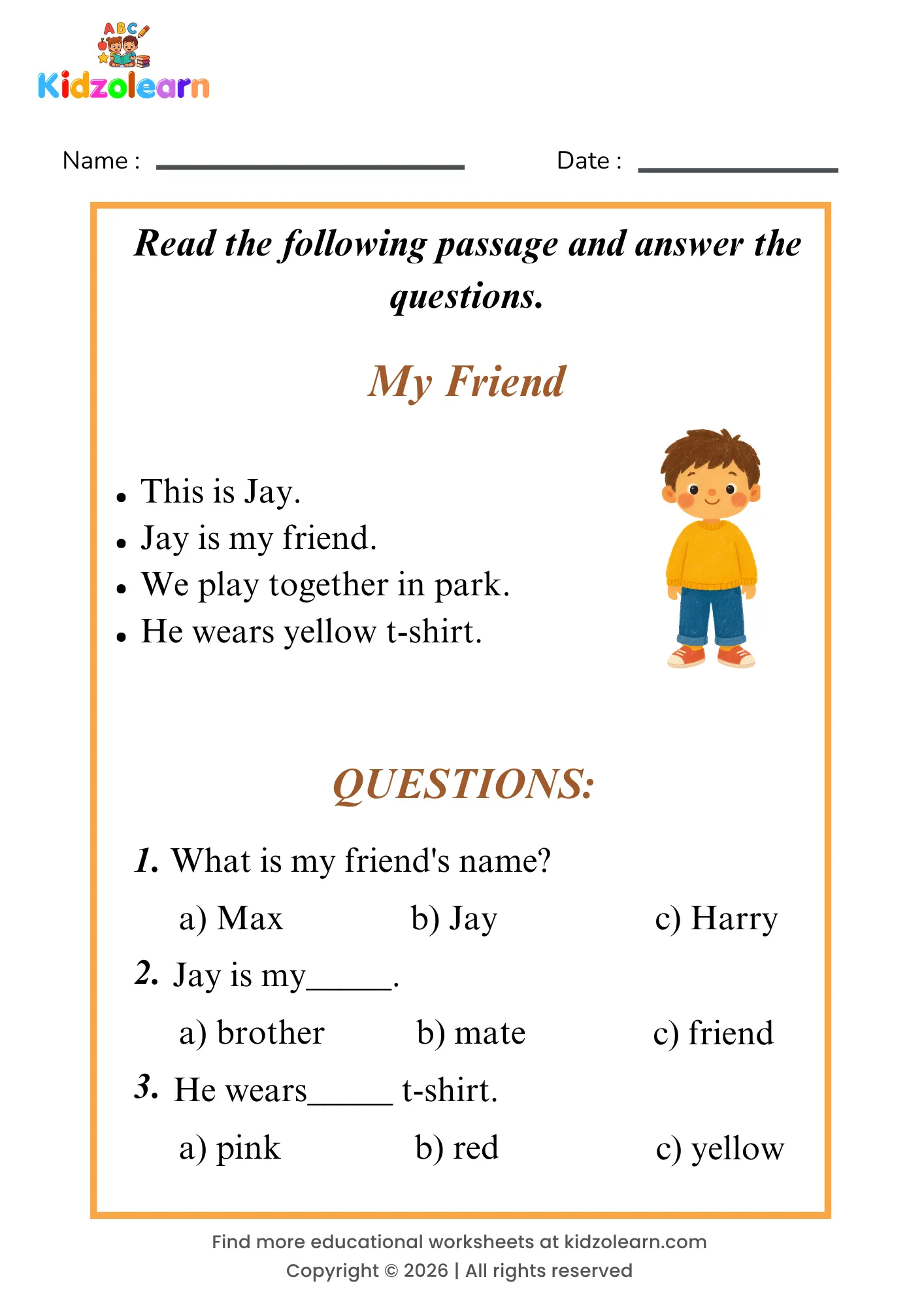 Free friend reading comprehension worksheet for kids – printable PDF with a short passage about my friend and three multiple choice comprehension questions