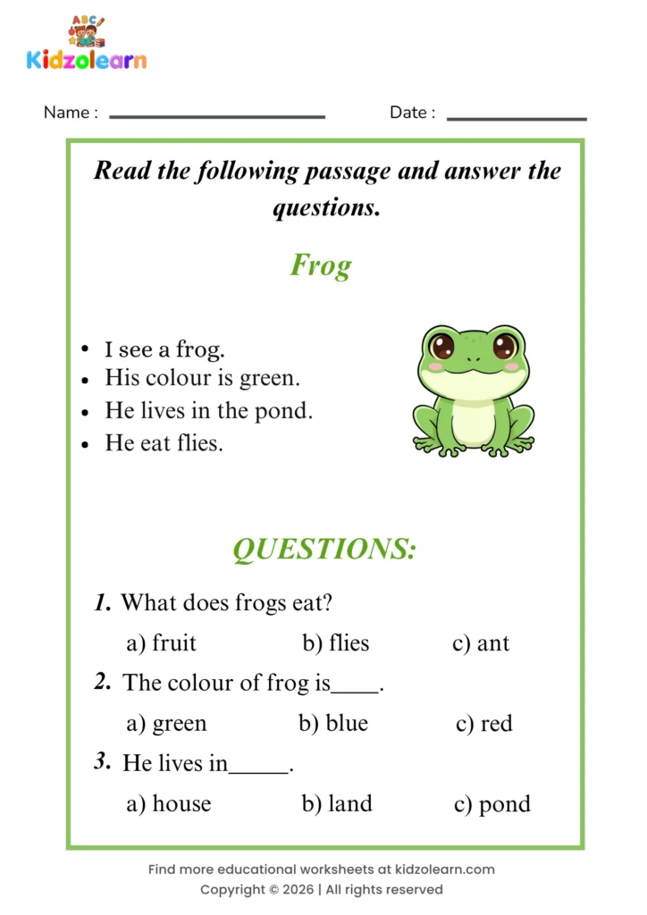 Free frog reading comprehension worksheet for kids – printable PDF with a short passage about frog and three multiple choice comprehension questions