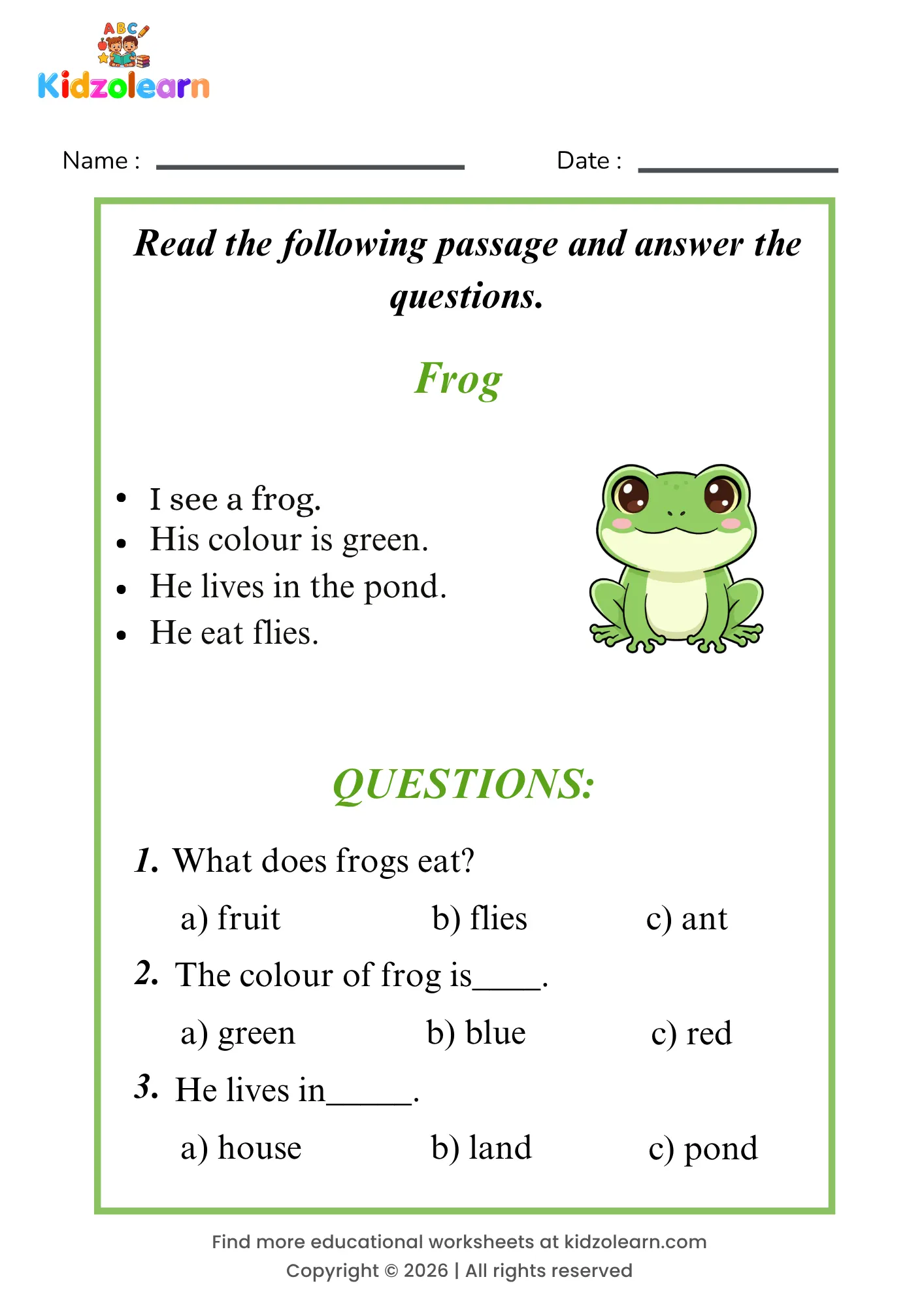 Free frog reading comprehension worksheet for kids – printable PDF with a short passage about frog and three multiple choice comprehension questions