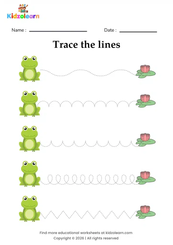 Free frog tracing worksheet for kids – printable PDF with five cheerful frogs, each hopping along a dotted path to its own lily pad and numbered dotted tracing lines