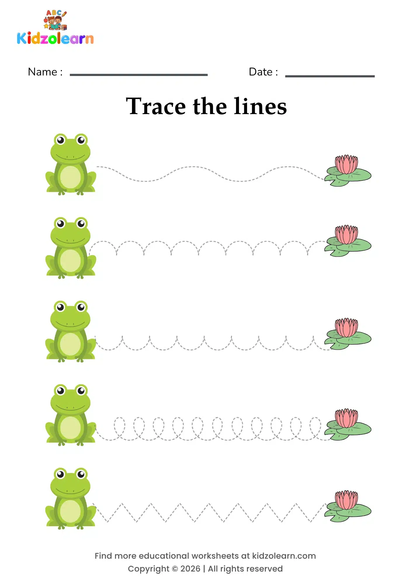 Free frog tracing worksheet for kids – printable PDF with five cheerful frogs, each hopping along a dotted path to its own lily pad and numbered dotted tracing lines