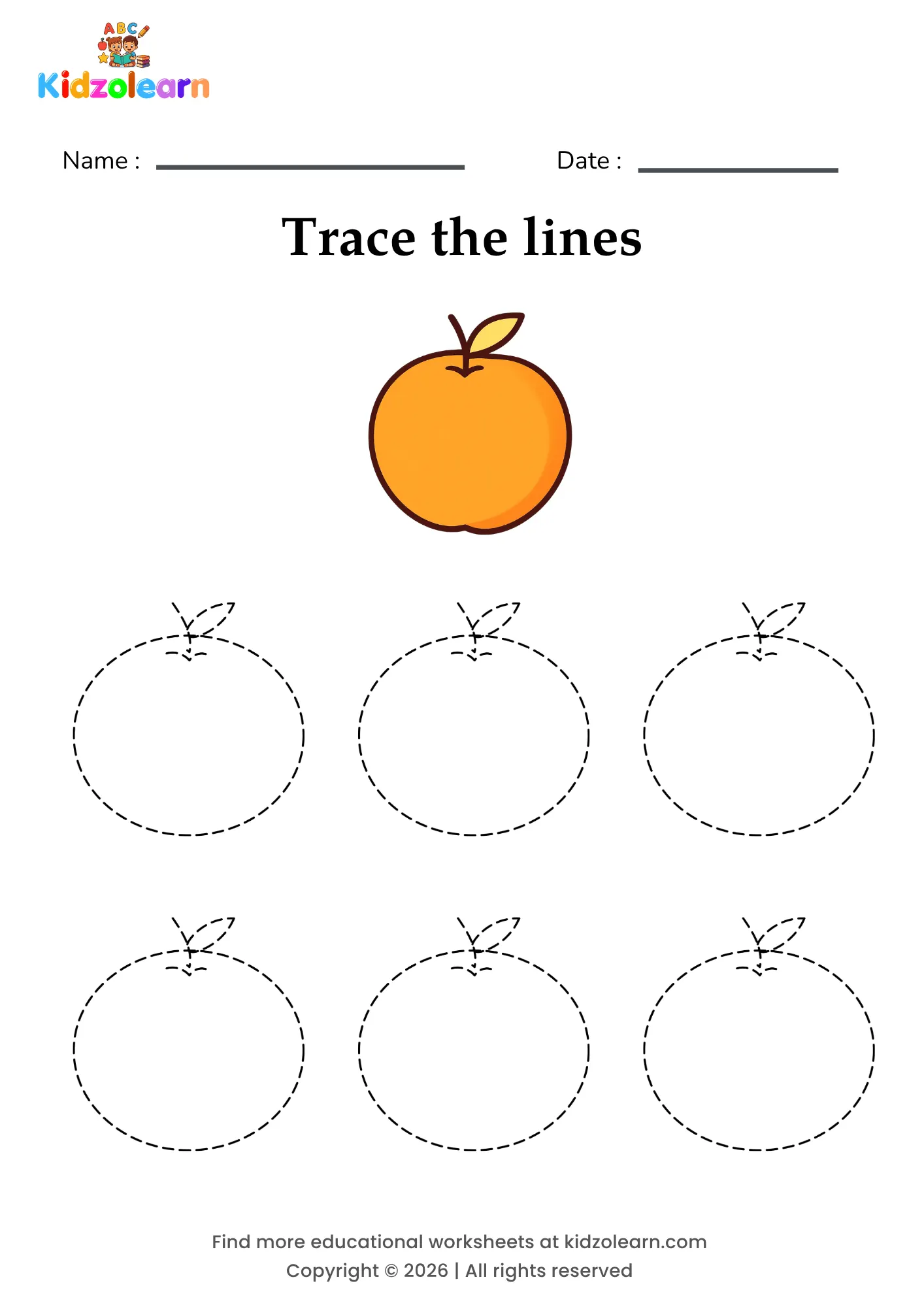 Free fruit tracing worksheet for kids – printable PDF with six identical oranges with a small stem and leaf on top and numbered dotted tracing lines