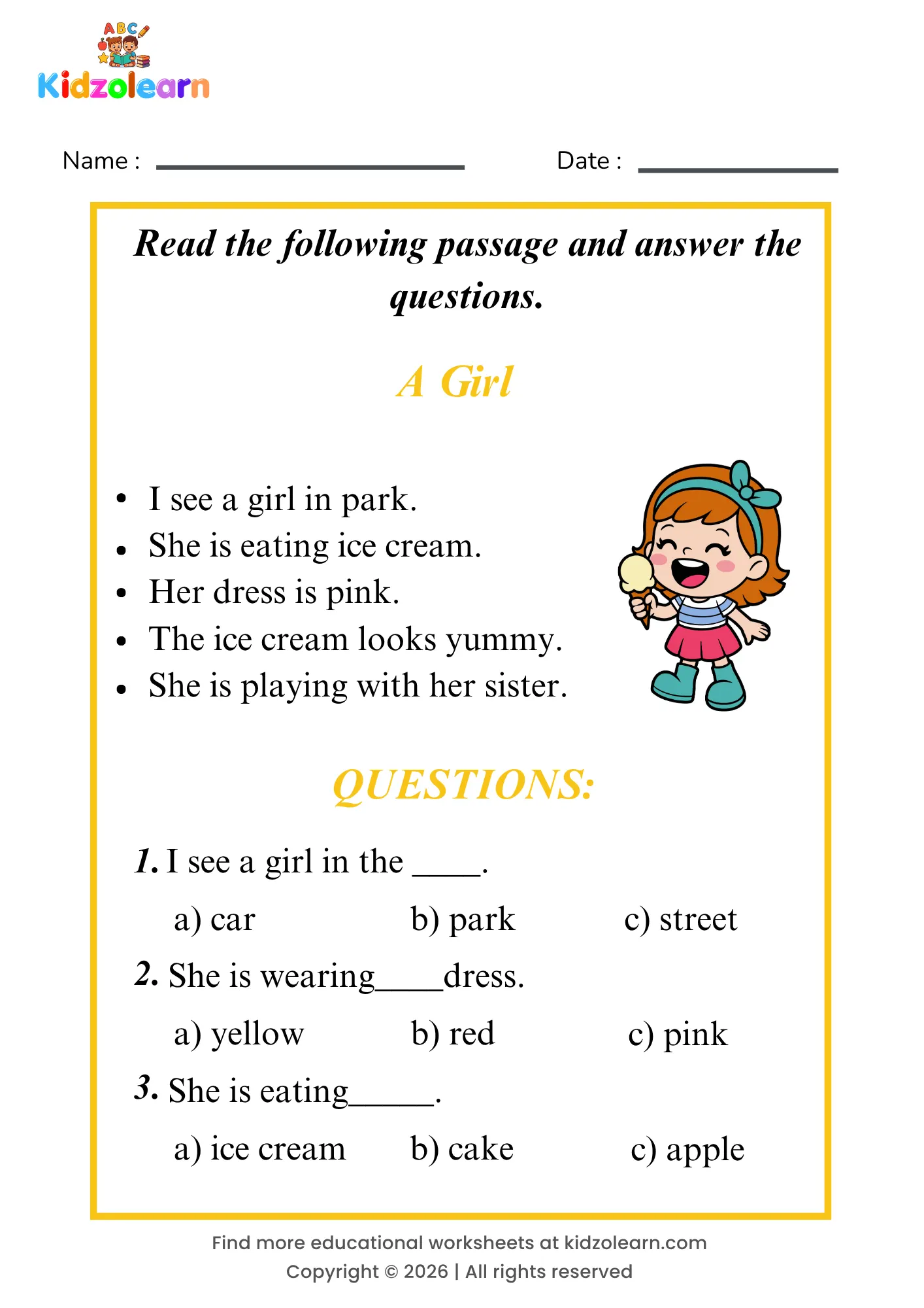 Free girl reading comprehension worksheet for kids – printable PDF with a short passage about a girl and three multiple choice comprehension questions