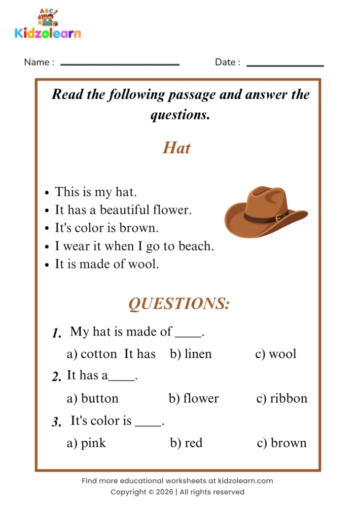 Free hat reading comprehension worksheet for kids – printable PDF with a short passage about hat and three multiple choice comprehension questions