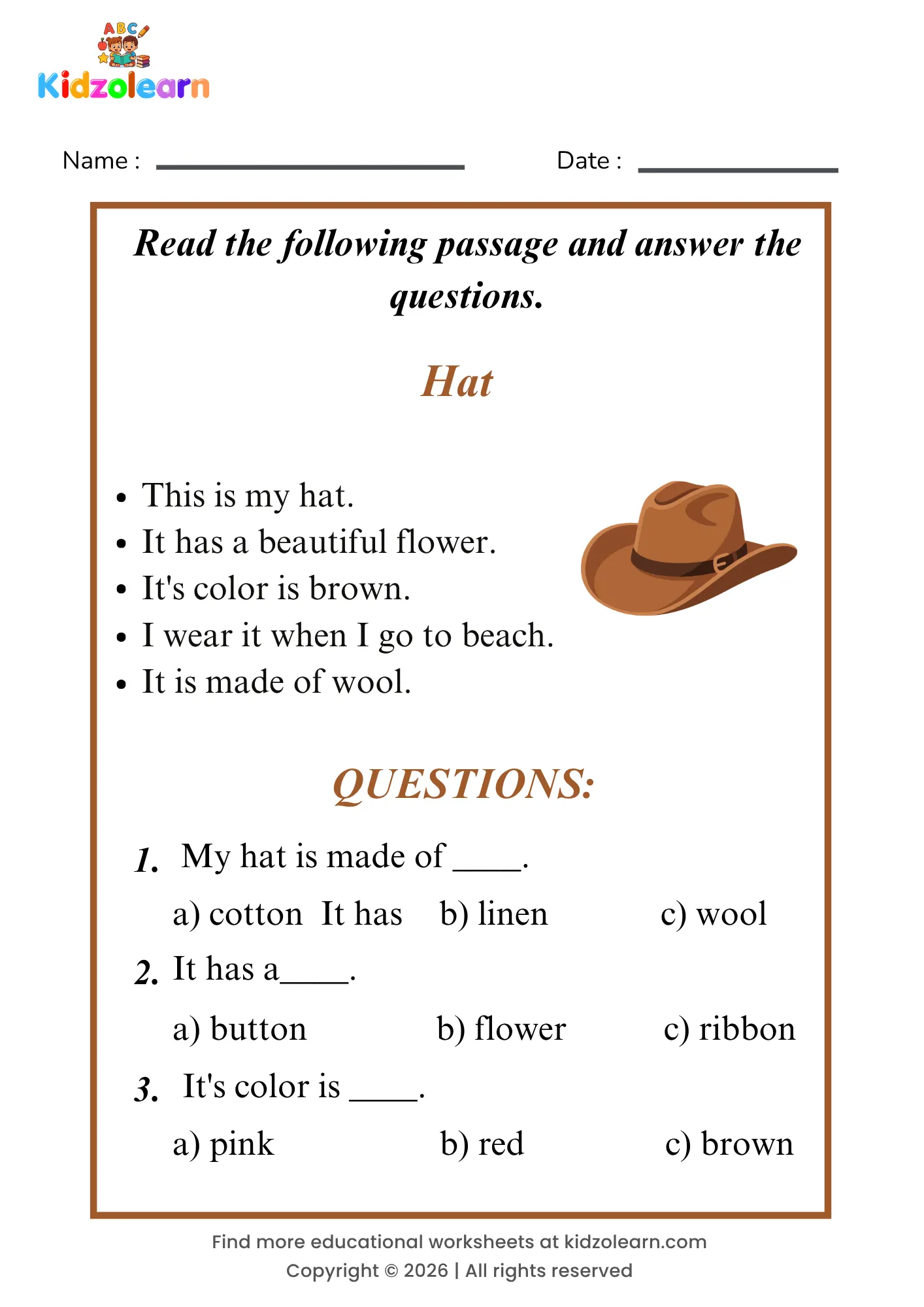Free hat reading comprehension worksheet for kids – printable PDF with a short passage about hat and three multiple choice comprehension questions