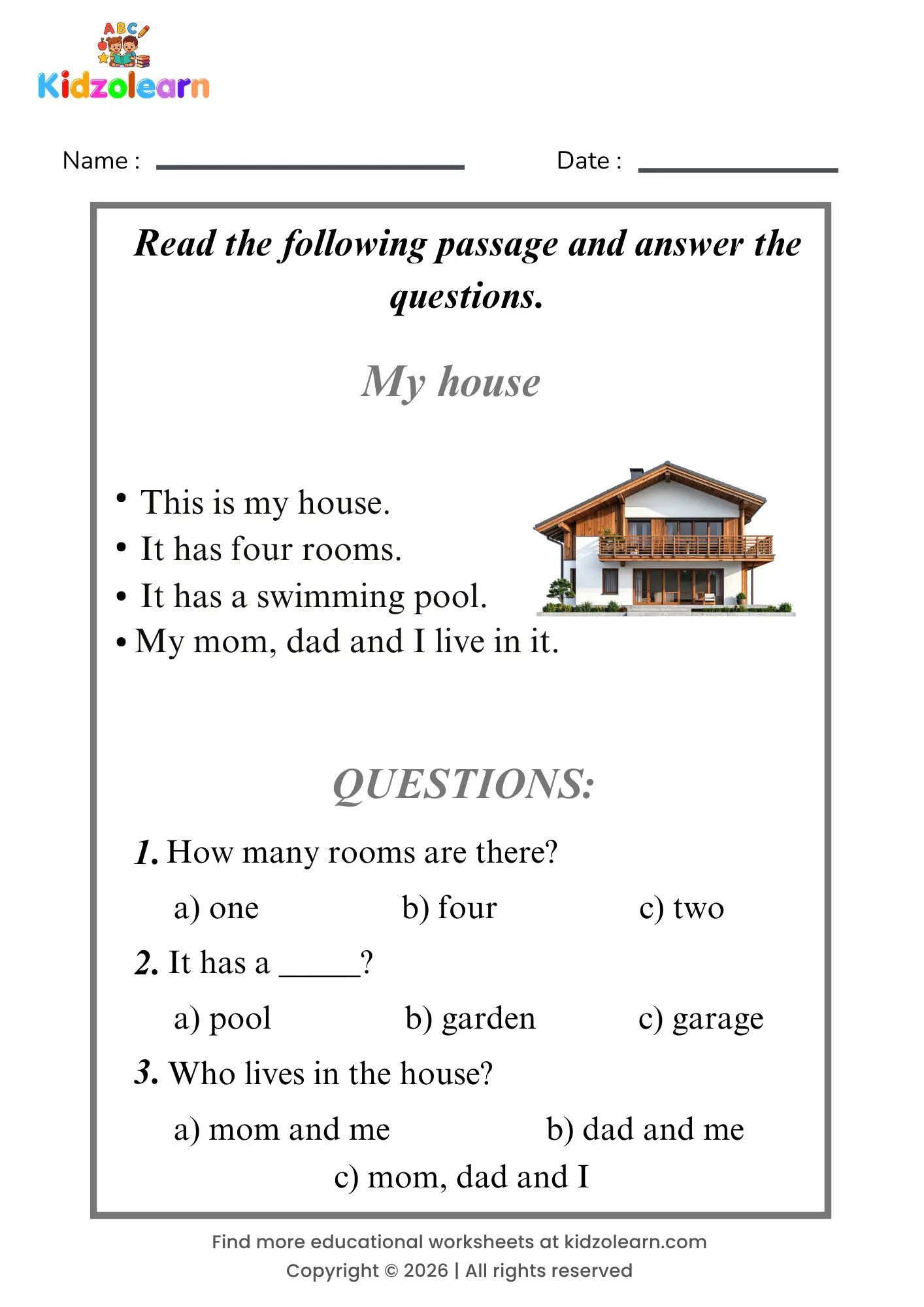 Free house reading comprehension worksheet for kids – printable PDF with a short passage about my house and three multiple choice comprehension questions