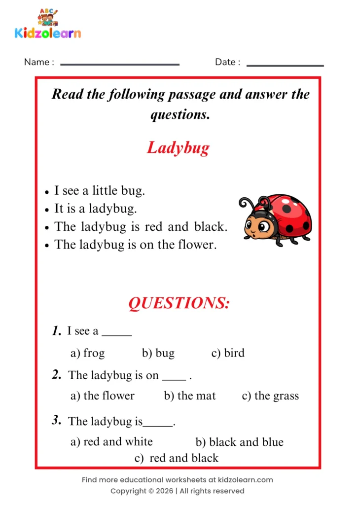 Free ladybug reading comprehension worksheet for kids – printable PDF with a short passage about ladybug and three multiple choice comprehension questions
