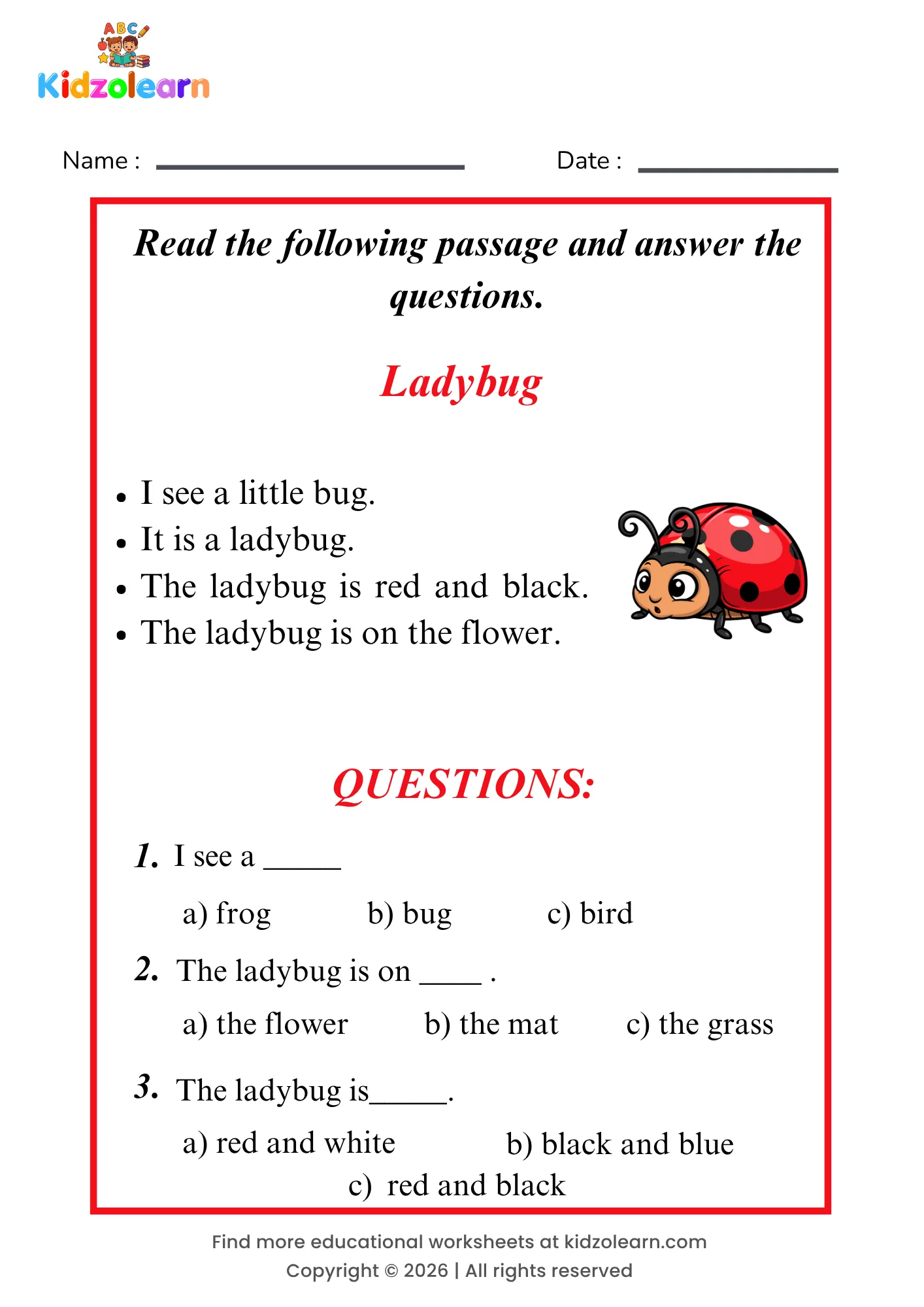 Free ladybug reading comprehension worksheet for kids – printable PDF with a short passage about ladybug and three multiple choice comprehension questions
