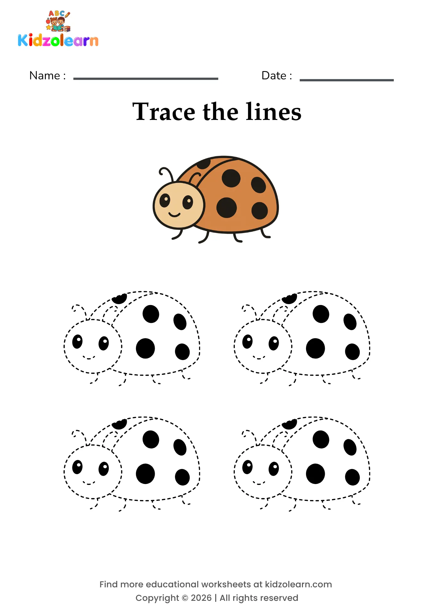 Free ladybug tracing worksheet for kids – printable PDF with four identical ladybugs with rounded, spotted bodies and numbered dotted tracing lines