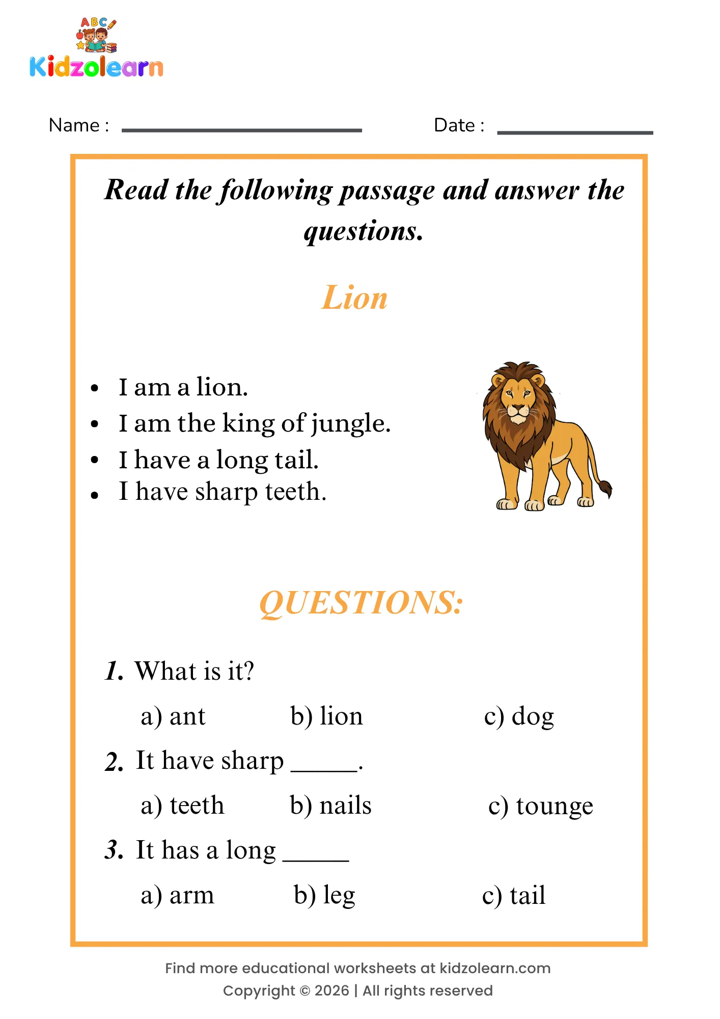 Free lion reading comprehension worksheet for kids – printable PDF with a short passage about lion and three multiple choice comprehension questions