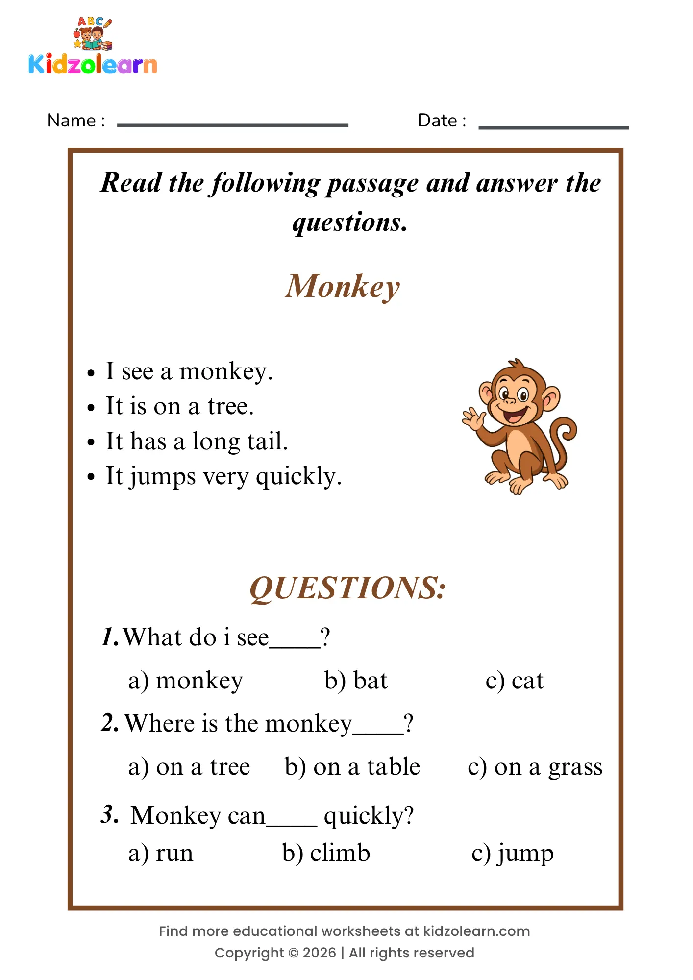 Free monkey reading comprehension worksheet for kids – printable PDF with a short passage about monkey and three multiple choice comprehension questions