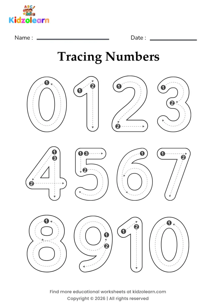 Free numbers 0-10 tracing worksheet for kids – printable PDF with the numbers 0 through 10, each shown in large bubble outline with numbered stroke-order arrows and numbered dotted tracing lines