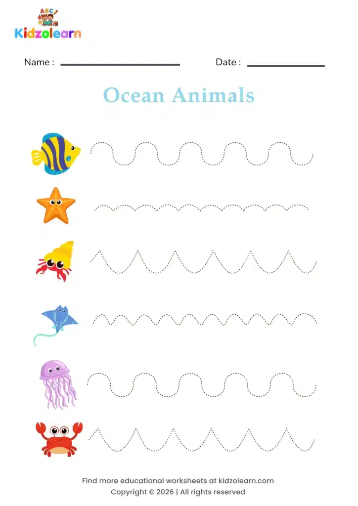 Free ocean animals tracing worksheet for kids – printable PDF with a fish, a starfish, a hermit crab, a stingray, a jellyfish and a crab, each tracing its own wavy underwater path and numbered dotted tracing lines
