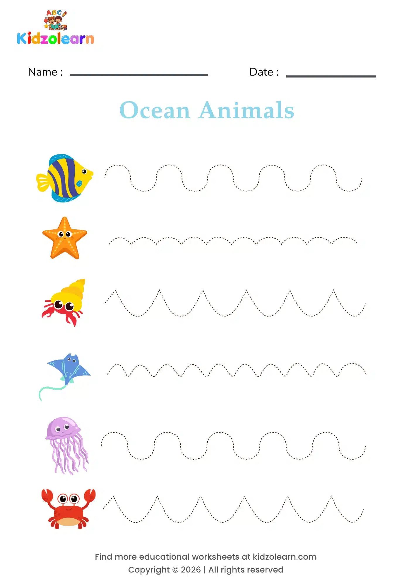 Free ocean animals tracing worksheet for kids – printable PDF with a fish, a starfish, a hermit crab, a stingray, a jellyfish and a crab, each tracing its own wavy underwater path and numbered dotted tracing lines