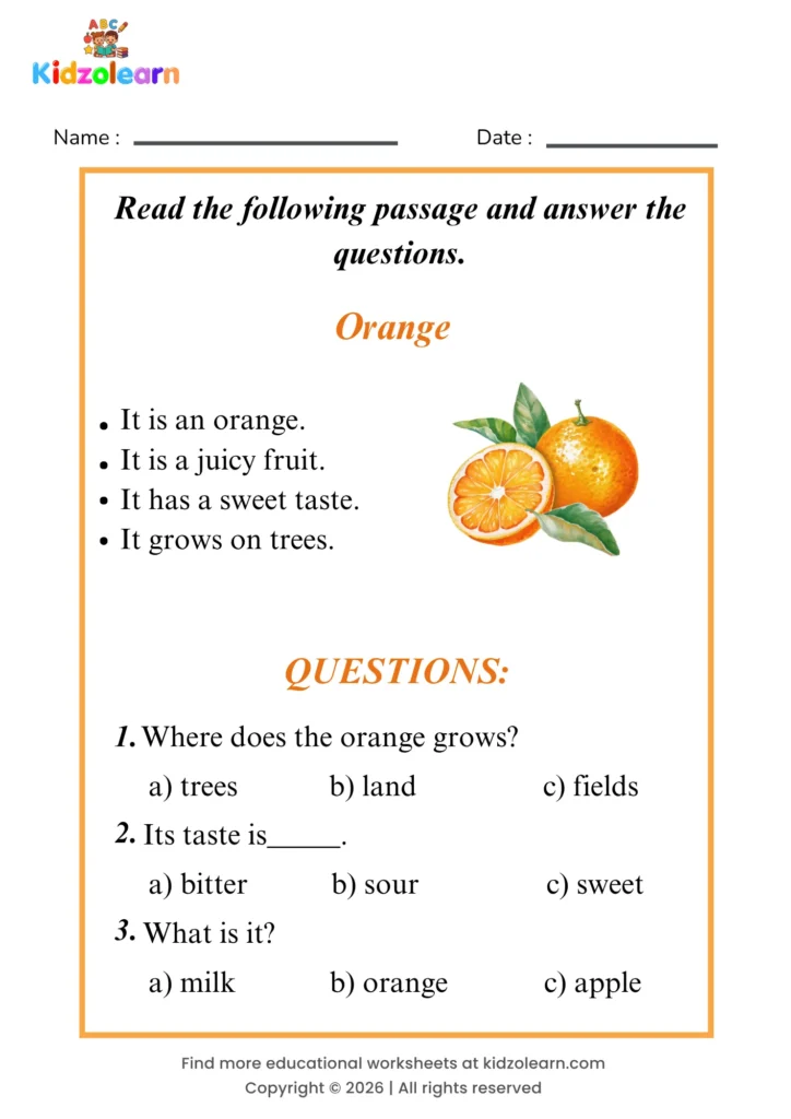Free orange reading comprehension worksheet for kids – printable PDF with a short passage about orange and three multiple choice comprehension questions