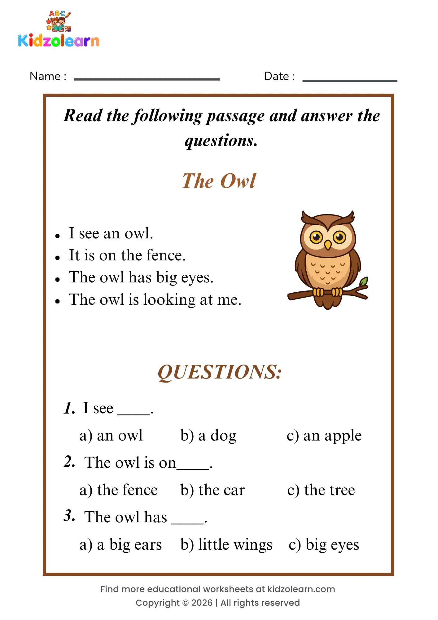 Free owl reading comprehension worksheet for kids – printable PDF with a short passage about owl and three multiple choice comprehension questions