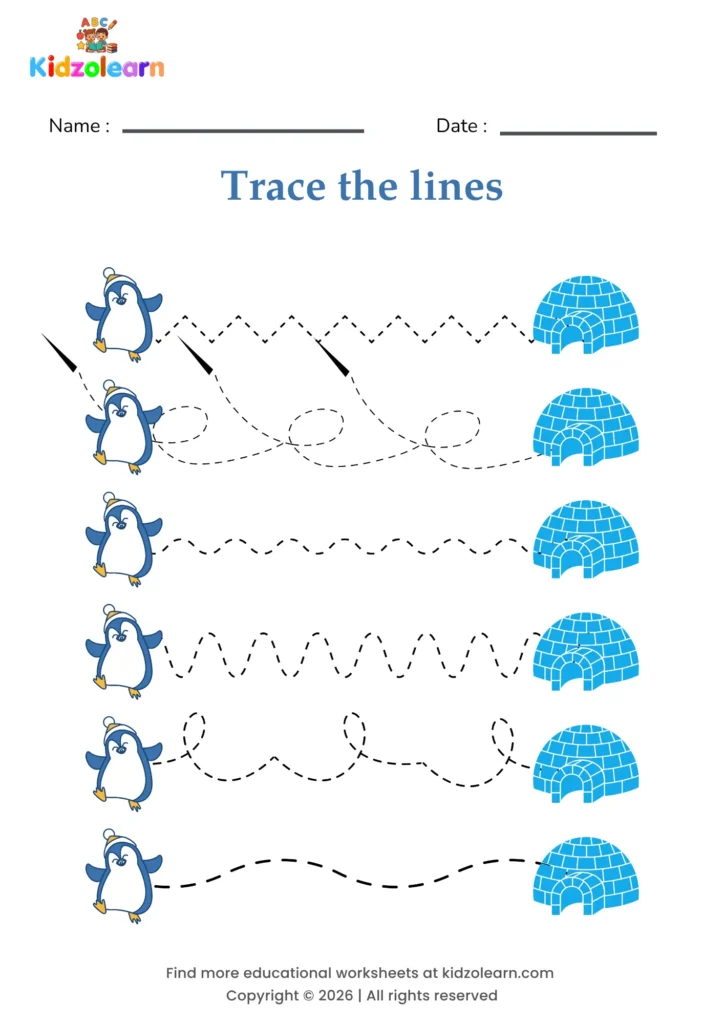 Free penguin tracing worksheet for kids – printable PDF with six friendly penguins, each following a dotted path home to its own igloo and numbered dotted tracing lines