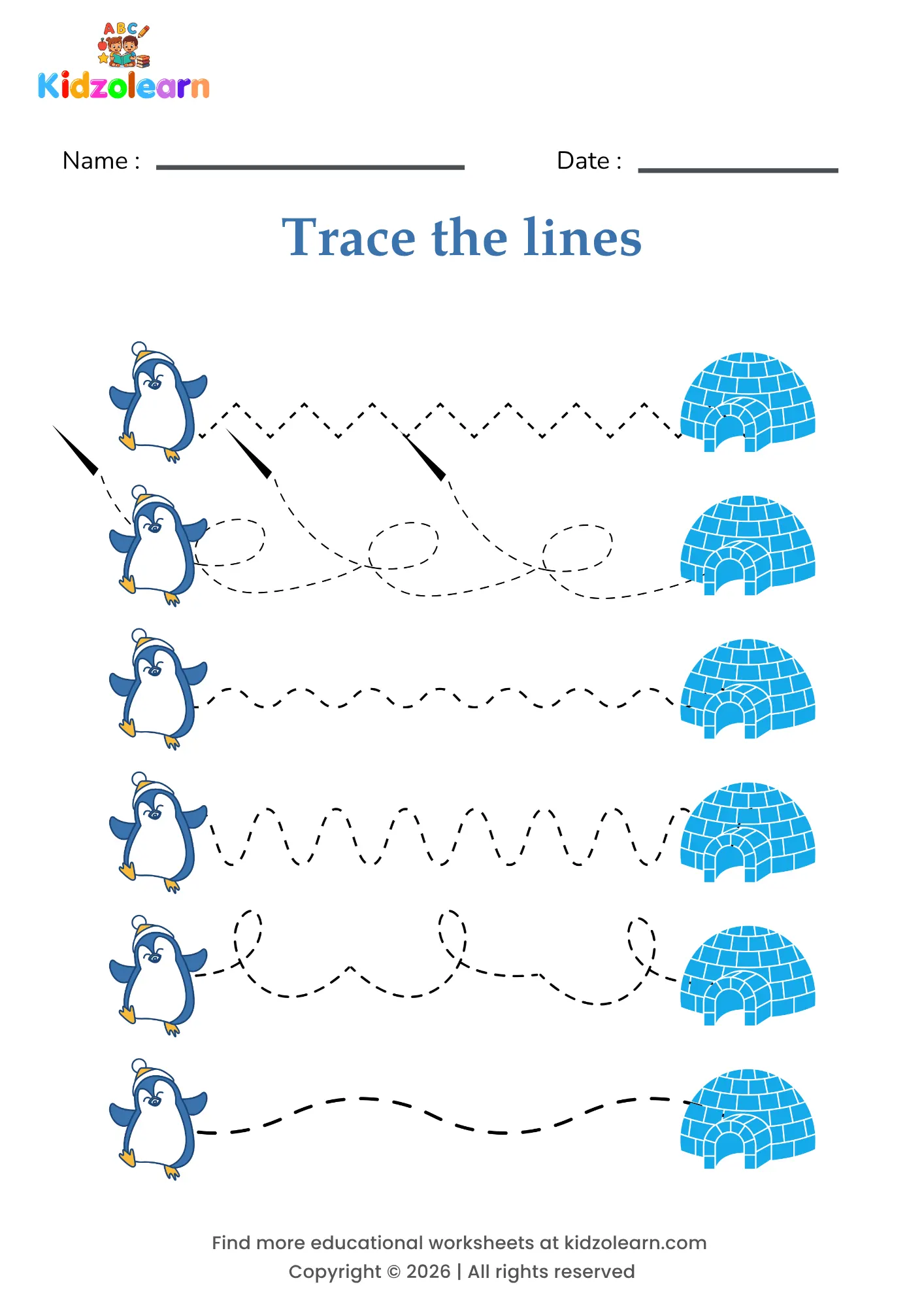Free penguin tracing worksheet for kids – printable PDF with six friendly penguins, each following a dotted path home to its own igloo and numbered dotted tracing lines