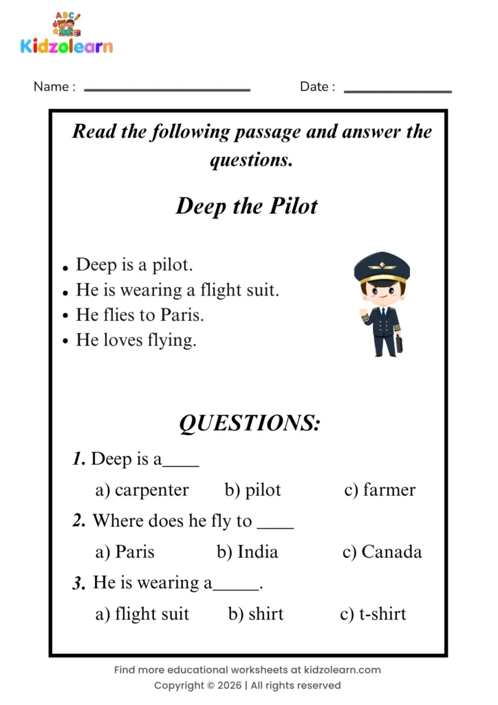 Free pilot reading comprehension worksheet for kids – printable PDF with a short passage about deep the pilot and three multiple choice comprehension questions