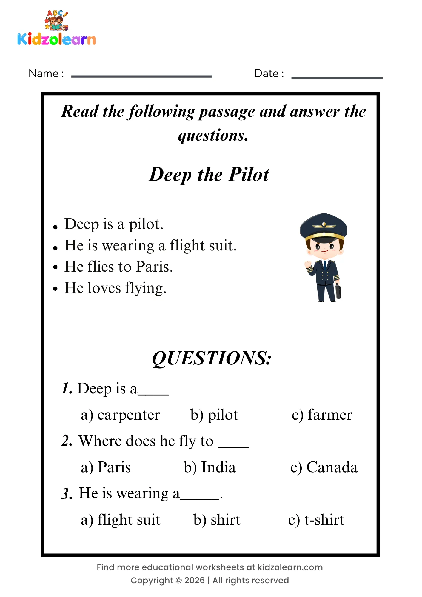 Free pilot reading comprehension worksheet for kids – printable PDF with a short passage about deep the pilot and three multiple choice comprehension questions