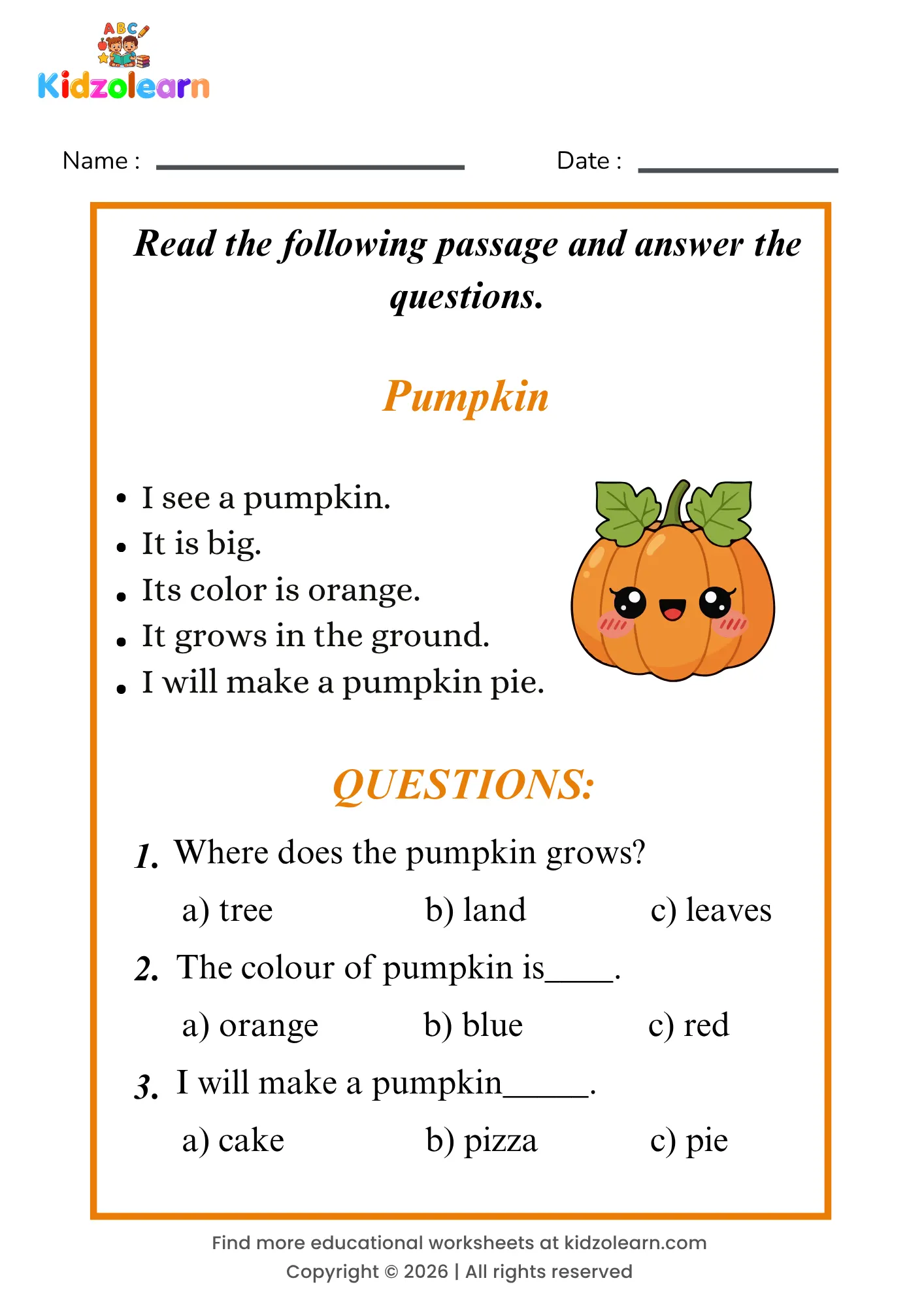 Free pumpkin reading comprehension worksheet for kids – printable PDF with a short passage about pumpkin and three multiple choice comprehension questions