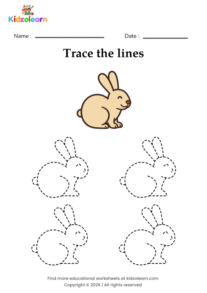 Free rabbit tracing worksheet for kids – printable PDF with four identical sitting rabbits with long ears and numbered dotted tracing lines