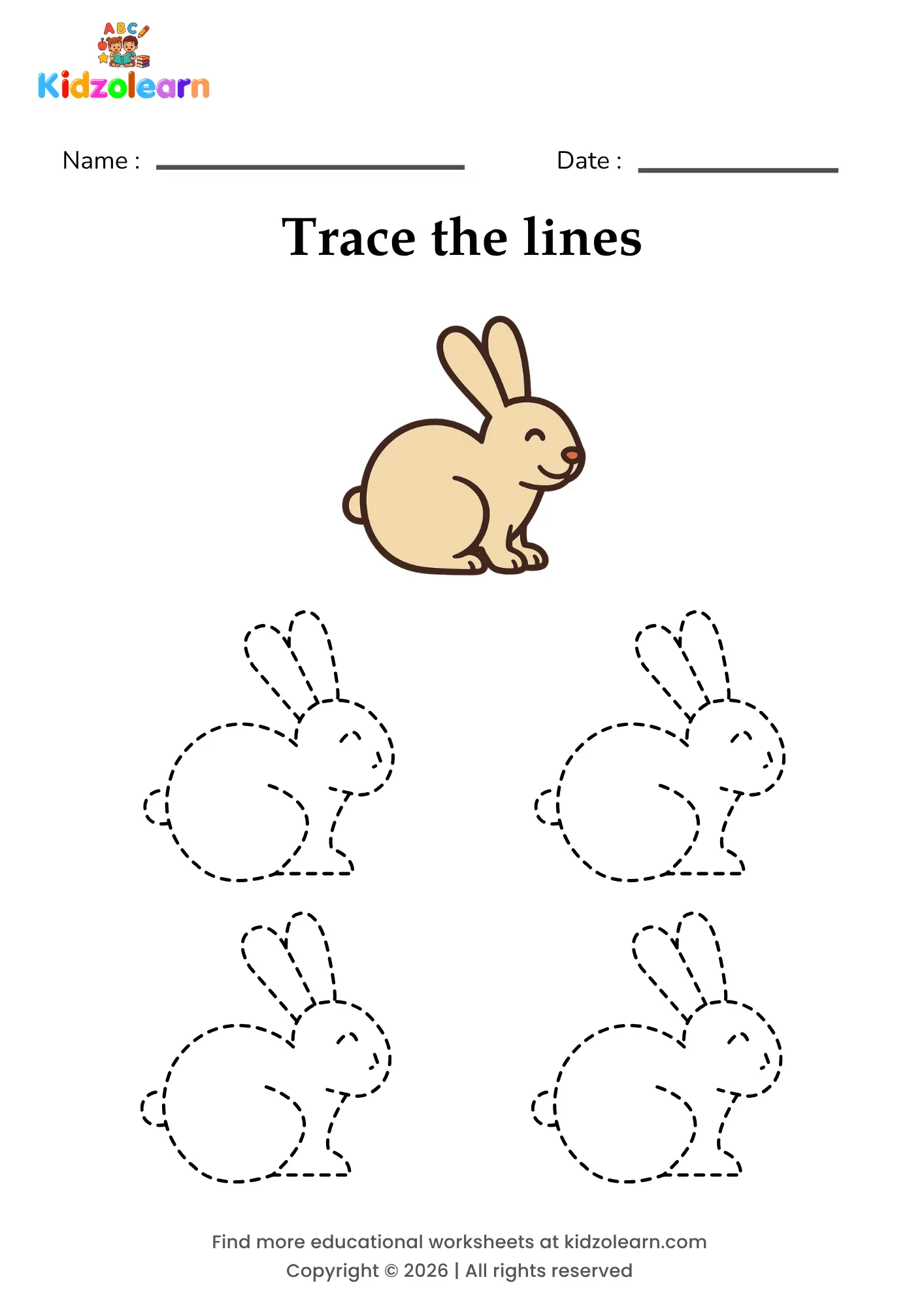Free rabbit tracing worksheet for kids – printable PDF with four identical sitting rabbits with long ears and numbered dotted tracing lines