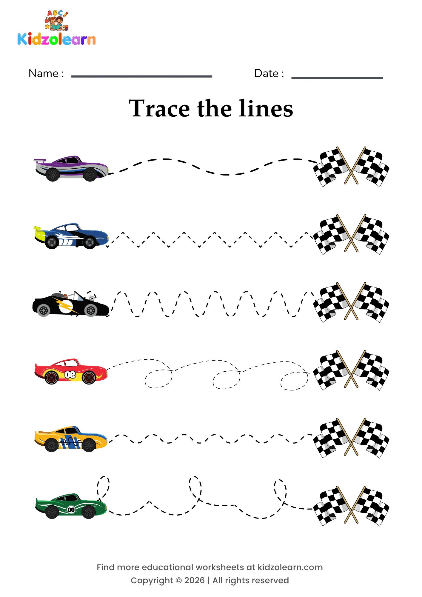 Free race car tracing worksheet for kids – printable PDF with six colourful race cars, each connected by a dotted path to a chequered finish flag and numbered dotted tracing lines