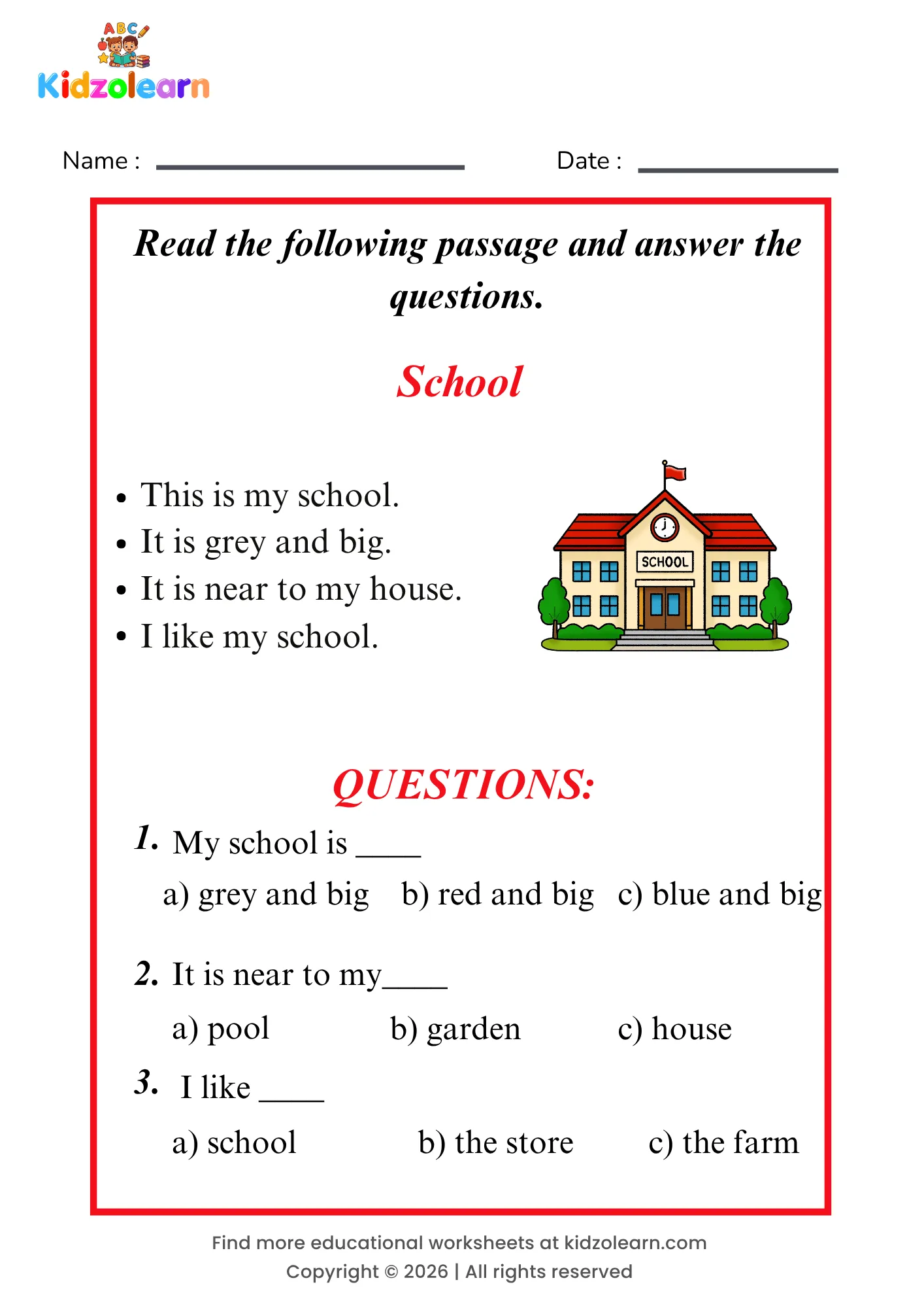 Free school reading comprehension worksheet for kids – printable PDF with a short passage about school and three multiple choice comprehension questions