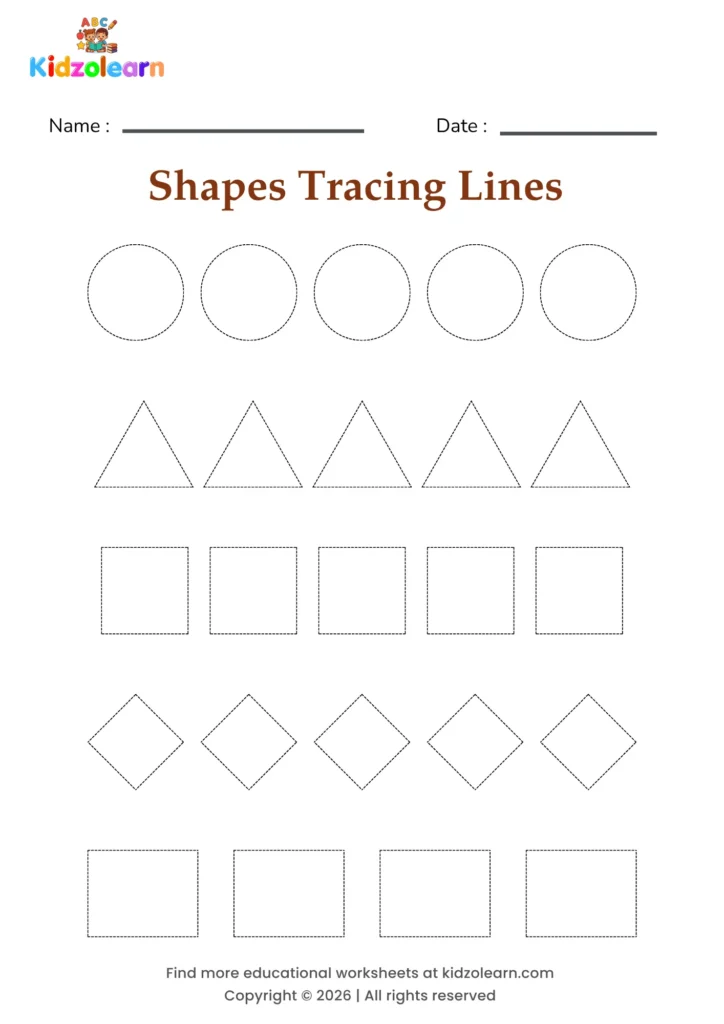 Free shapes tracing lines worksheet for kids – printable PDF with rows of dotted circles, triangles, squares, diamonds and rectangles in different sizes and numbered dotted tracing lines