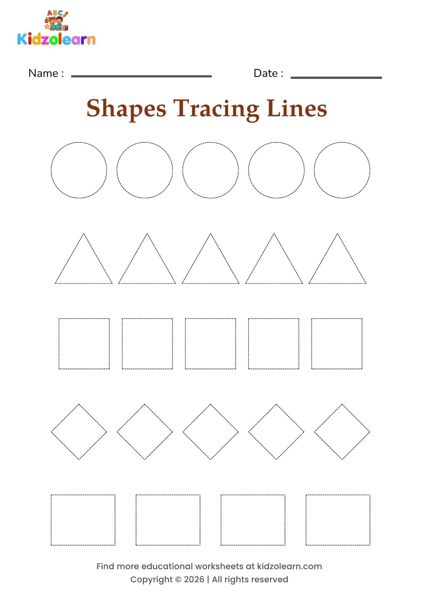 Free shapes tracing lines worksheet for kids – printable PDF with rows of dotted circles, triangles, squares, diamonds and rectangles in different sizes and numbered dotted tracing lines