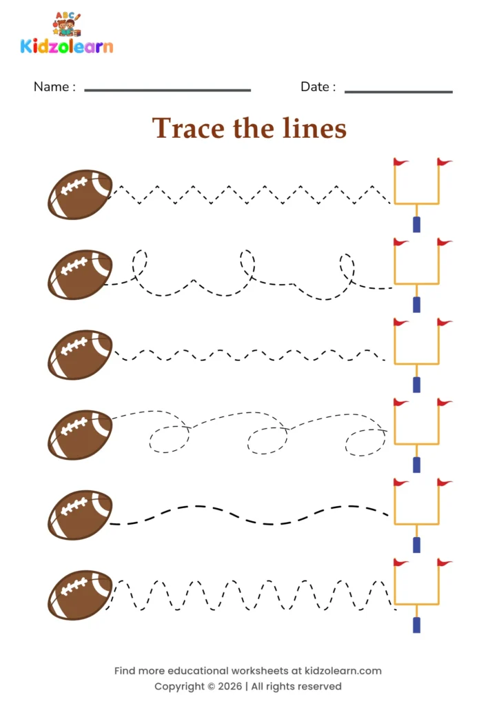 Free soccer ball tracing worksheet for kids – printable PDF with six footballs, each following a dotted path into its own goal net and numbered dotted tracing lines