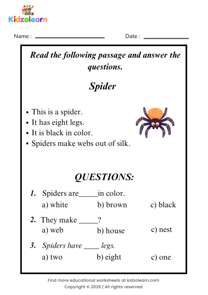 Free spider reading comprehension worksheet for kids – printable PDF with a short passage about spider and three multiple choice comprehension questions