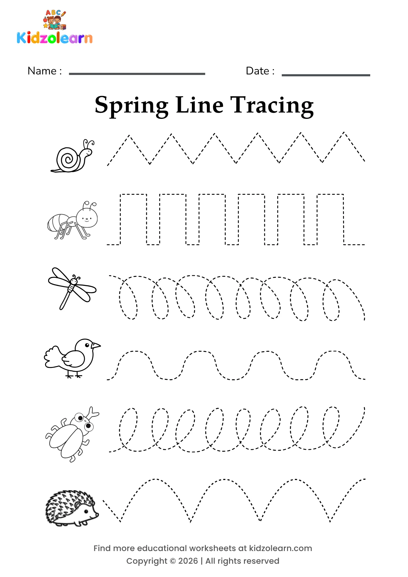 Free spring line tracing worksheet for kids – printable PDF with a snail, an ant, a dragonfly, a bird, a beetle and a hedgehog, each with its own dotted pattern strip and numbered dotted tracing lines