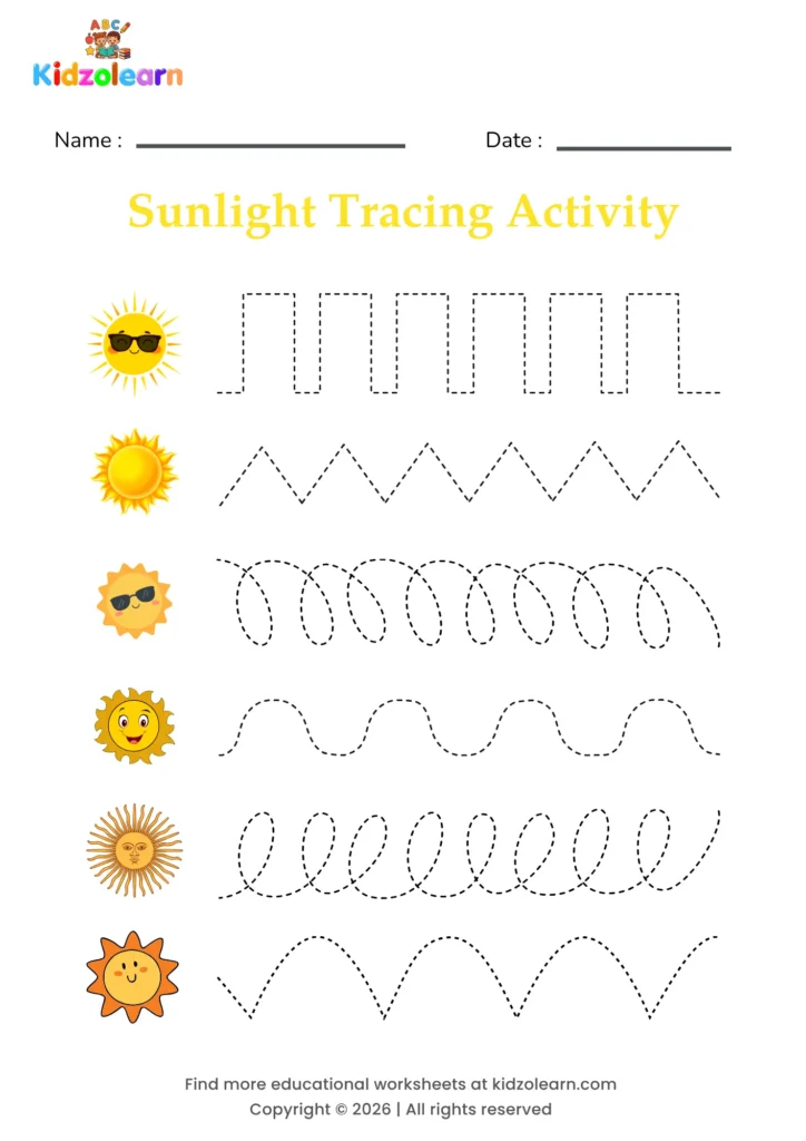 Free sun tracing worksheet for kids – printable PDF with six sunshine icons, each paired with its own dotted pattern strip and numbered dotted tracing lines