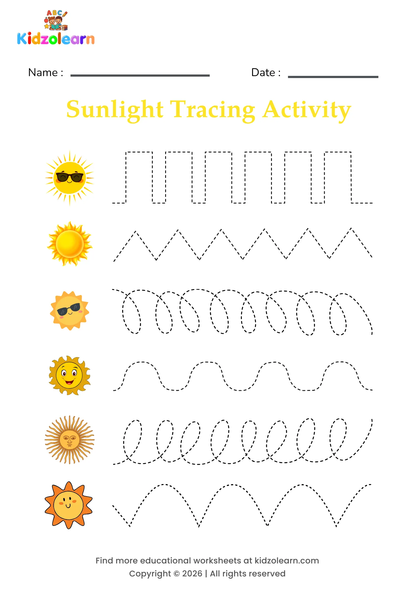 Free sun tracing worksheet for kids – printable PDF with six sunshine icons, each paired with its own dotted pattern strip and numbered dotted tracing lines