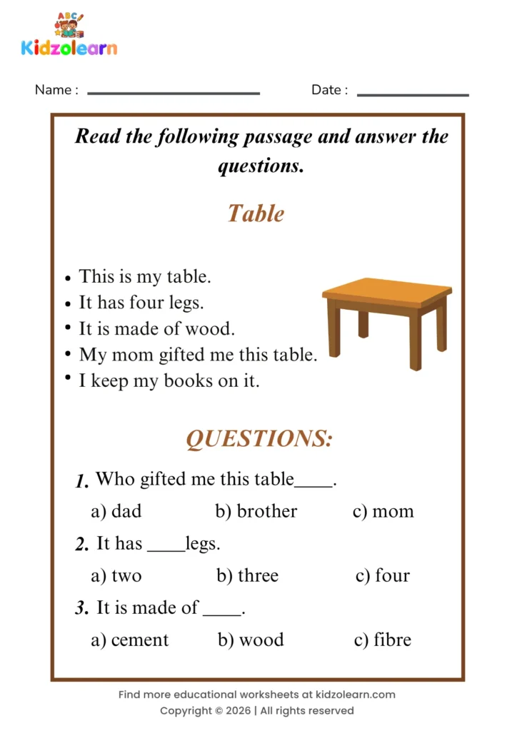 Free table reading comprehension worksheet for kids – printable PDF with a short passage about table and three multiple choice comprehension questions