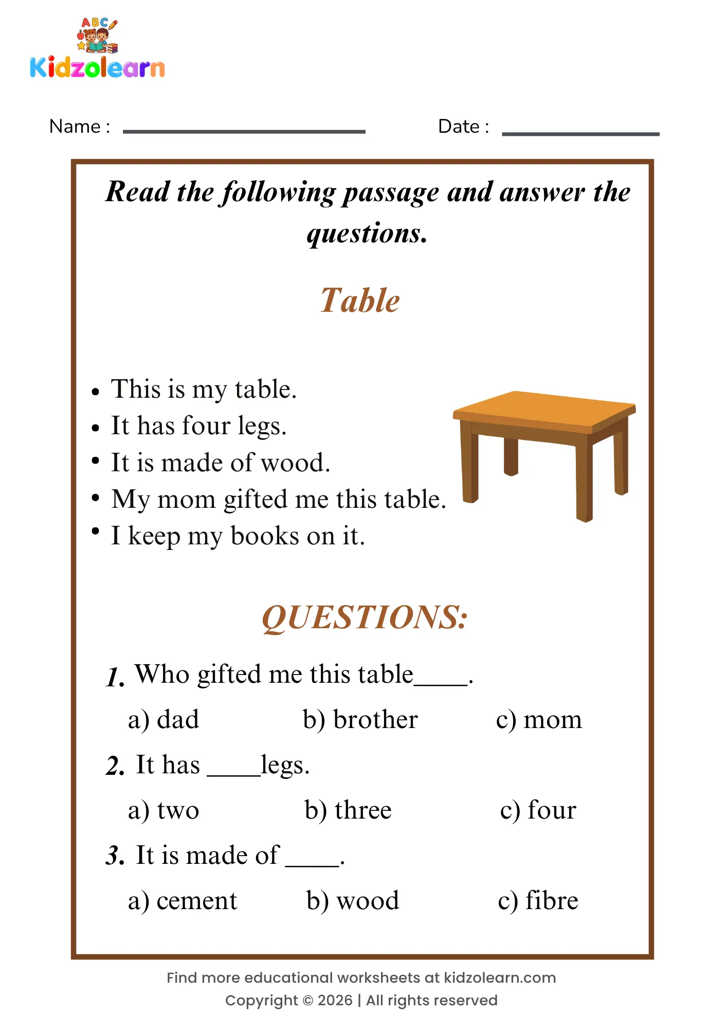 Free table reading comprehension worksheet for kids – printable PDF with a short passage about table and three multiple choice comprehension questions