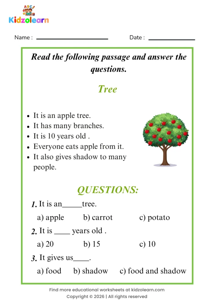 Free tree reading comprehension worksheet for kids – printable PDF with a short passage about tree and three multiple choice comprehension questions