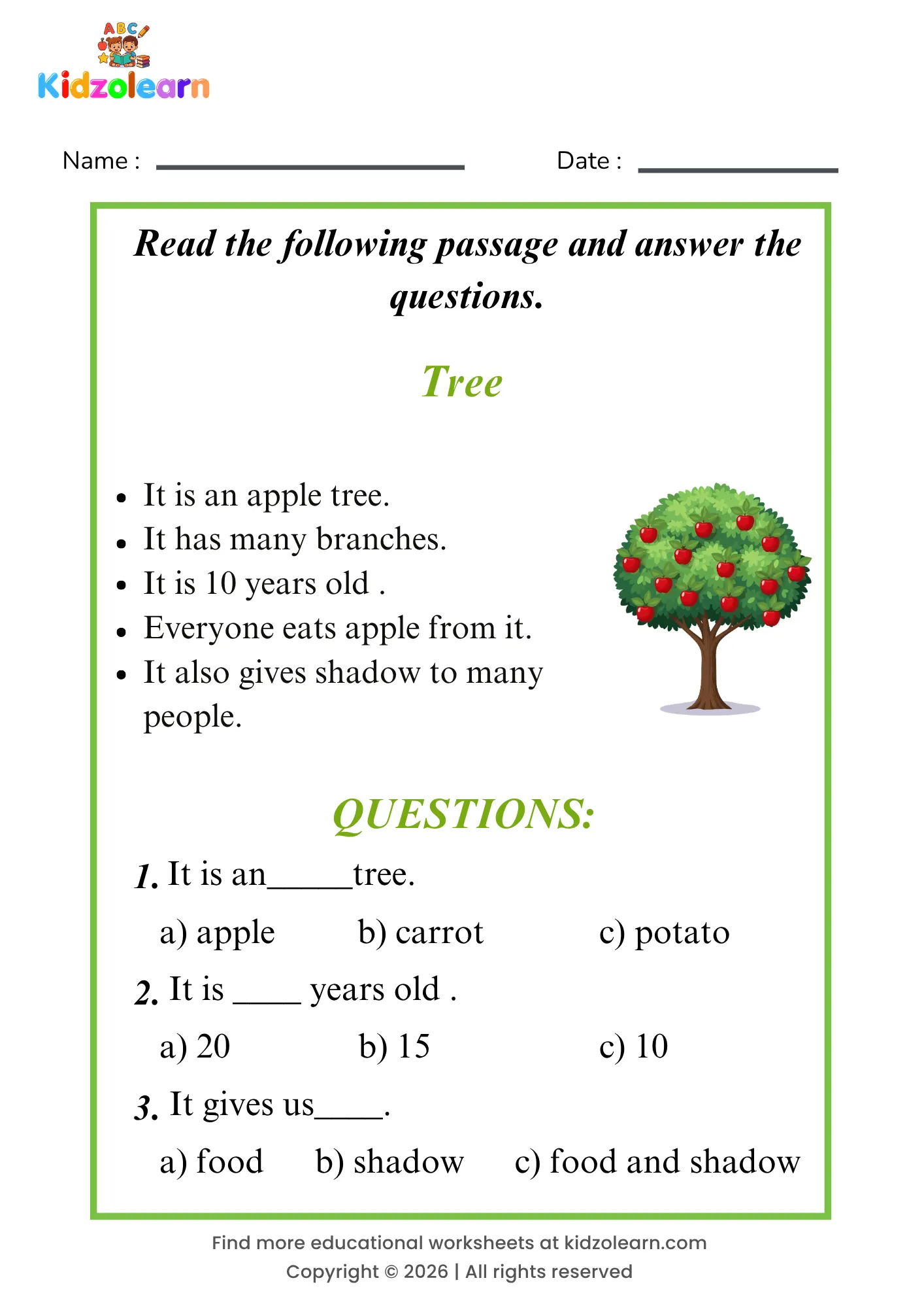 Free tree reading comprehension worksheet for kids – printable PDF with a short passage about tree and three multiple choice comprehension questions
